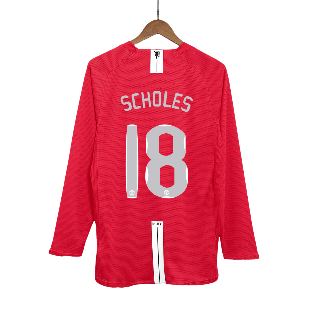 Tricouri Fotbal Vintage Manchester United SCHOLES #18 Acasă 2007/08 Mânecă Lungă - UCL Final